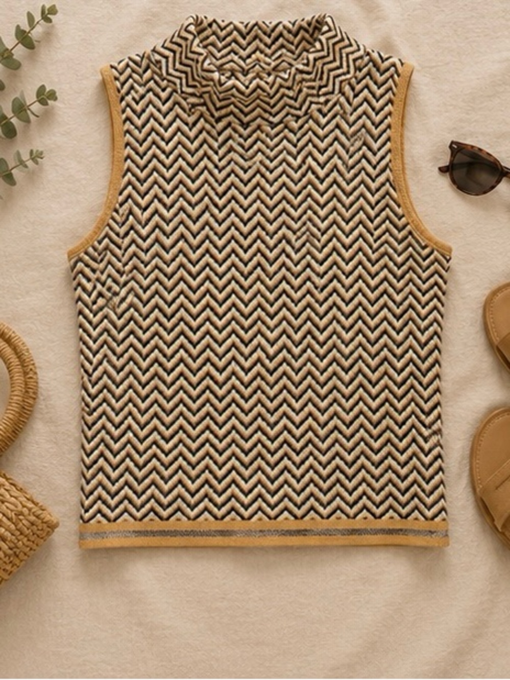 Minnie Rose Chevron Knit Sleeveless Top in Black, Mustard & White